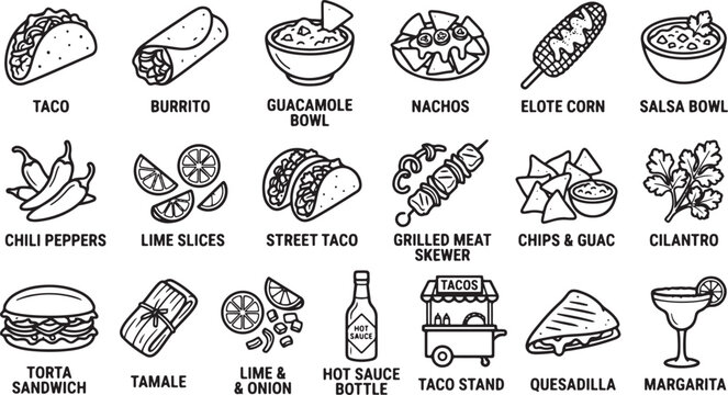 Mexican food icons and ingredients