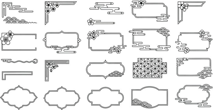 Set of traditional japanese and chinese style frames and borders with floral and cloud patterns isolated on white background