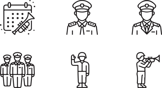 Set of military icons featuring soldiers officers and musical instruments for army event concepts