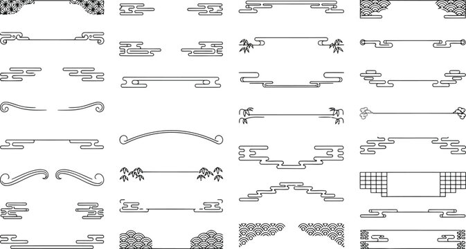 Set of traditional chinese style decorative borders and dividers, asian oriental pattern elements for text frames and page decoration