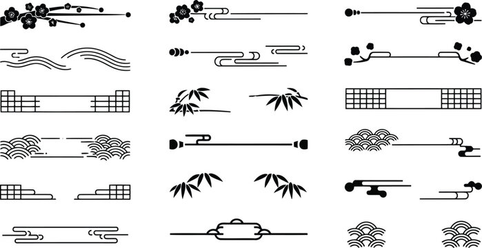 Set of traditional japanese and chinese style decorative dividers and borders with floral, bamboo, and wave patterns