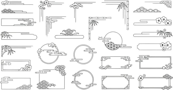 Set of traditional japanese and chinese style decorative frames, borders and elements isolated on white background