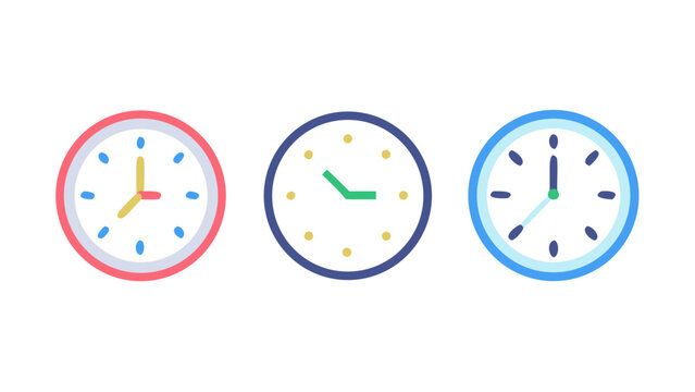 Three flat design clock icons with illustration background collection measurement schedule appointment deadline business interface template chronometer