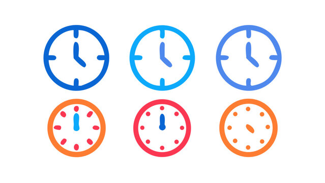 Collection of stylized clock icons in various colors with illustration background collection measurement schedule appointment deadline business interface template chronometer