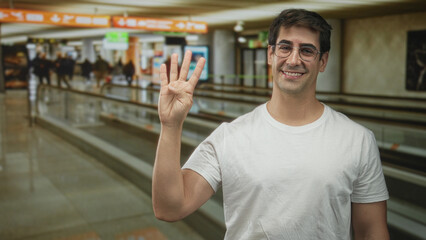 Fototapeta premium Man in white tshirt smiling holds up three fingers with his right hand at airport terminal near moving walkway; friendly joy.
