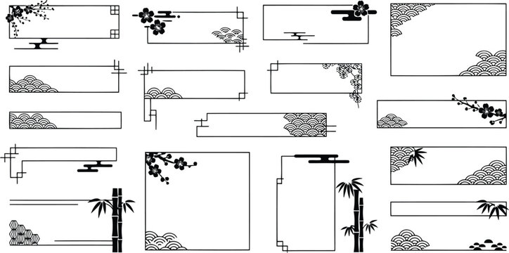 Set of japanese style decorative frames and borders with traditional patterns, plum blossoms, and bamboo elements