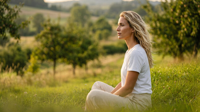 Side profile woman sitting on grass in peaceful moment of reflection outdoors
