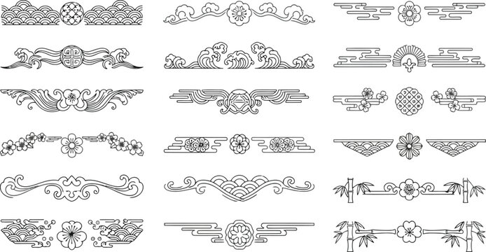 Set of traditional asian decorative dividers and borders with floral and geometric patterns isolated on white background
