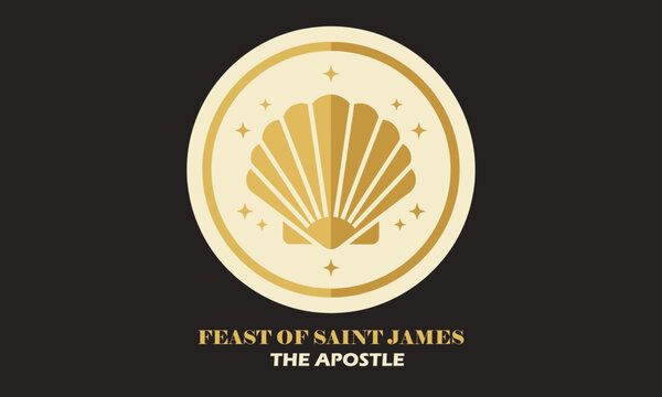 Feast of saint james the apostle badge with scallop shell and golden stars icon.