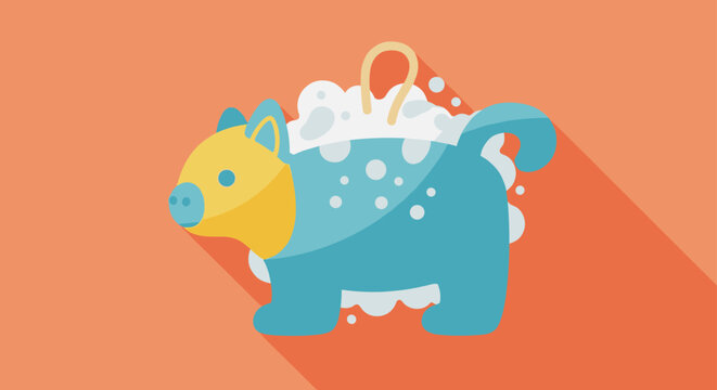 Cute blue and yellow pig-shaped bath sponge with soap bubbles for fun baby bath time and daily hygiene routine for infants and children.