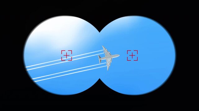 airplane flying in the sky binoculars view 2d animation motion graphics video footage