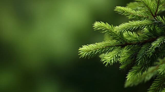 Close up view of vibrant evergreen branches set against a soft deeply blurred natural green background