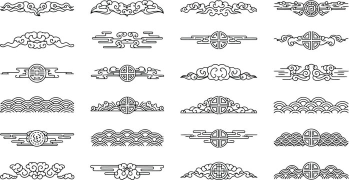 Set of traditional chinese decorative borders and dividers with clouds and circular symbols