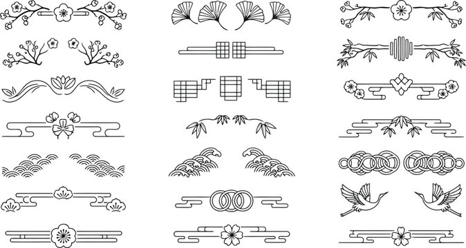 Set of traditional asian style decorative dividers and borders with floral, bamboo, crane, and geometric patterns isolated on white background
