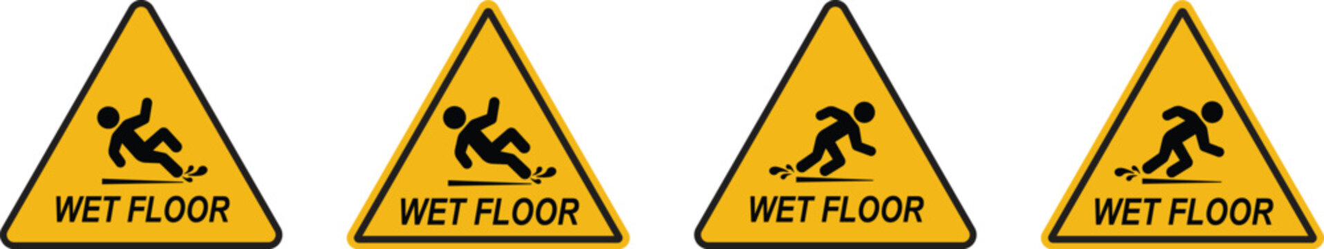 Wet floor warning icons set with falling person silhouette, caution signs for slippery surfaces and safety alerts, yellow triangular hazard symbols for workplace industrial and public cleaning