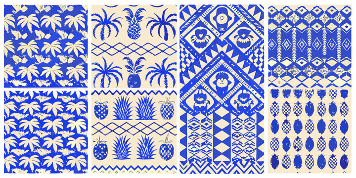tropical pattern with palm trees and pineapples blue and white
