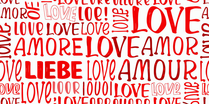 Seamless pattern featuring the words love and its translations in red