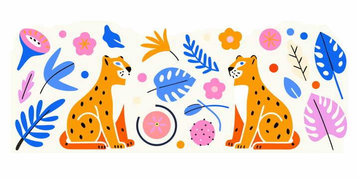 Stylized illustration of two cheetahs with tropical foliage and flowers