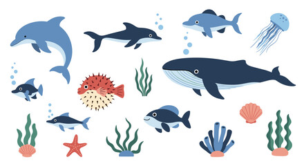 Fototapeta premium Collection of various sea creatures including a whale, dolphins, pufferfish, jellyfish, coral, and colorful sea plants.