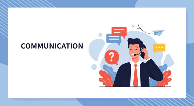 Professional customer support agent wearing a headset and talking on the phone with communication icons on blue background.