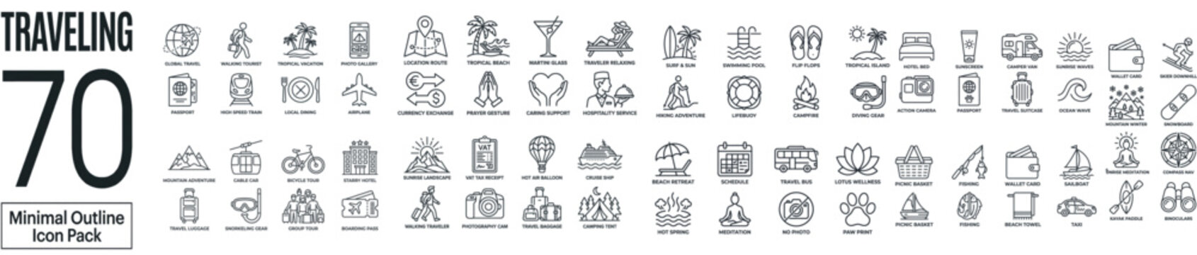 Travel Service and Tourism Lifestyle Vector Line Icons Set
