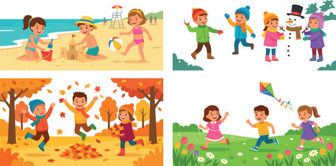 Obraz premium Children Seasonal Activities Collection Featuring Beach Play, Snowman Fun, Autumn Leaves, and Spring Outdoor Games Vector Illustration Set