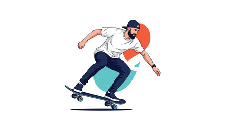 Fototapeta premium Stylish bearded man in a white tee and dark pants performing a trick on a skateboard against an abstract background with colorful circles.