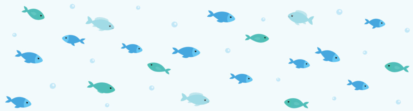 Minimal Ocean Fish Seamless Border Pattern with Cute Blue Tropical Sea Life Background