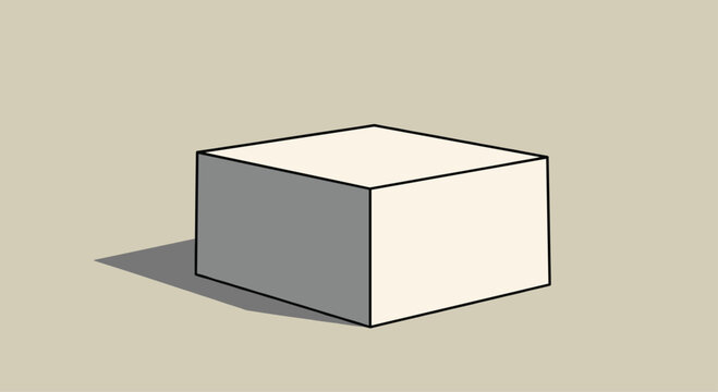 Simple three dimensional white cube with subtle shading and a sharp diagonal shadow resting on a neutral light grey surface for basic design.