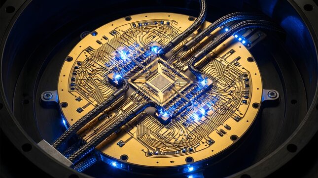Advanced quantum computer processor chip with glowing blue lights mounted on a golden circular board for high performance computing tasks