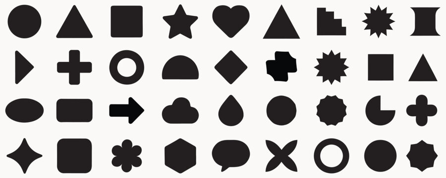 Mega Abstract and vector basic shapes collection. Geometric formal shape. Polygonal elements. Trendy minimalist basic figure, diamond, circles, hexagon, star, triangle flat style. Vector