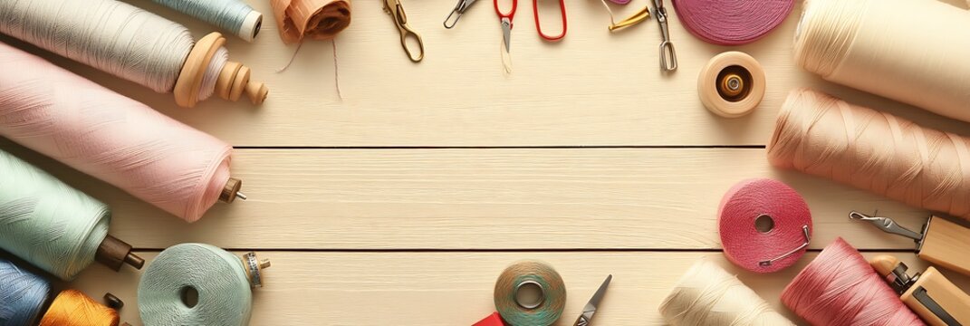 Colorful sewing threads and tools on a wooden table for crafting and diy projects