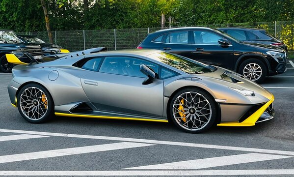 Germany, Paderborn, Mai 08. 2026, Lamborghini Hurac&aacute;n STRO in Grigio Titans with yellow accents