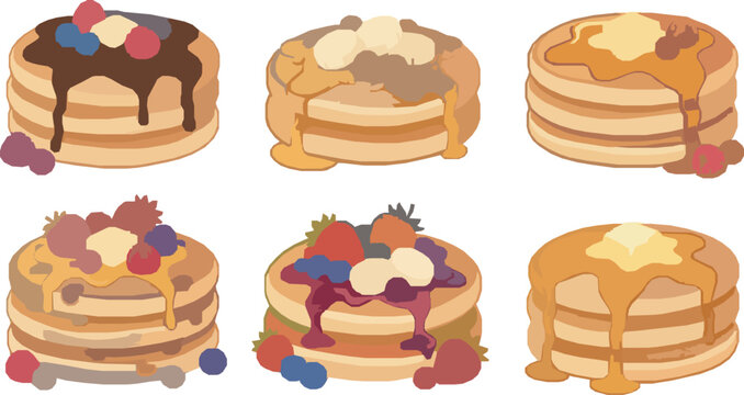 A comprehensive set of delicious pancake stacks featuring diverse sweet toppings including melting butter maple syrup chocolate sauce fresh strawberries and mixed forest berries.