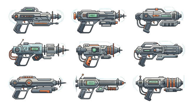 Set of futuristic pixel art ray guns and laser blasters in various designs for retro-style video game assets and development.