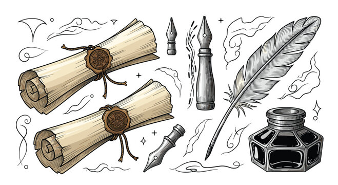 Collection of vintage writing materials including scrolls with wax seals, quill pens, nibs, and an old-fashioned glass inkwell.