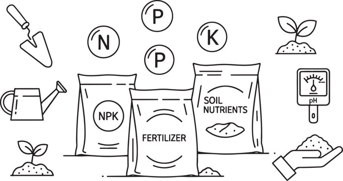 NPK fertilizer bags with gardening tools and soil testing equipment in a linear vector illustration style for agricultural science and plant nutrition concepts and farming infographics