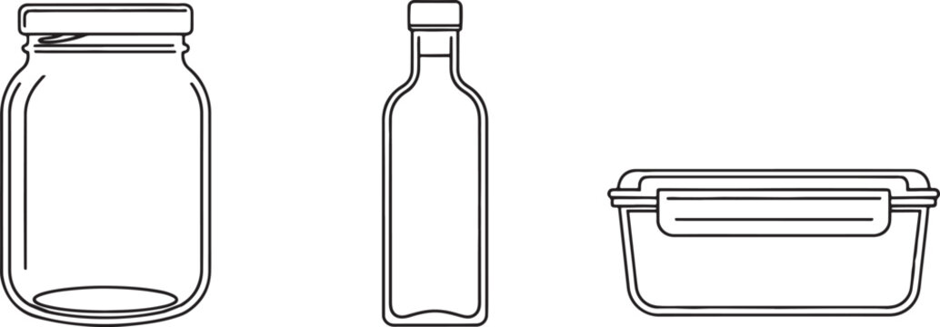 Set of empty glass food storage containers including a jar a bottle and a rectangular box with lids isolated as a simple black outline vector illustration