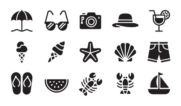 Summer and beach flat design filled icon set, holiday and vacation vector illustration.