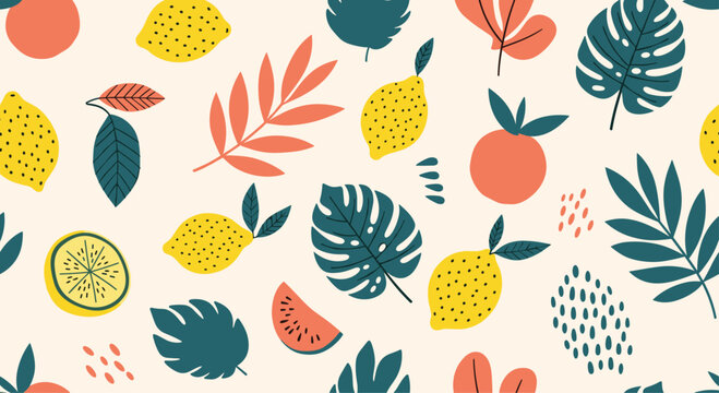 Seamless tropical fruit pattern featuring colorful lemons, orange slices, red watermelon, and lush green exotic jungle leaves.