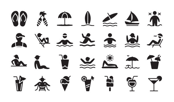 Summer vacation icons set with beach activities people swimming sunbathing and cold drinks.