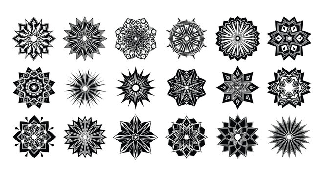 Large collection of circular black and white geometric mandala designs and star shapes with intricate repetitive patterns.
