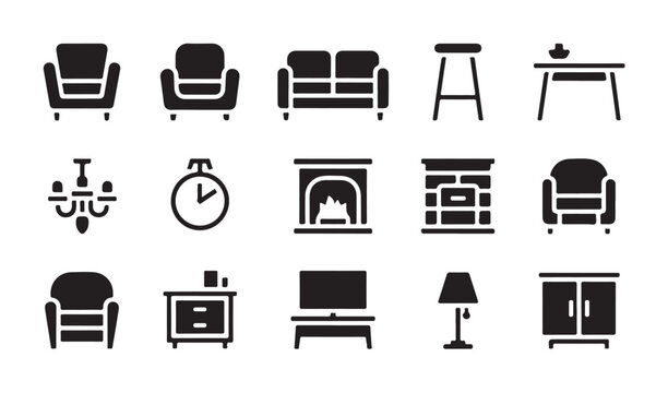Home interior furnishing icons with modern armchair fireplace shelving and lighting styles.