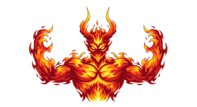 Fiery demon flexing muscles with horns and glowing eyes.