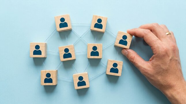 Hand selecting wooden block with person icon from network of connected team members