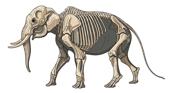 Elephant skeleton illustration anatomical drawing.