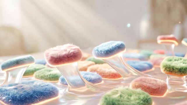 Abstract 3D animation of soft colorful fuzzy fibers stretching in bright sunlight