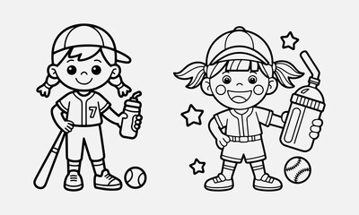 Baby A cute and funny coloring page of a Baseball Girl Player and Parent vector illustration