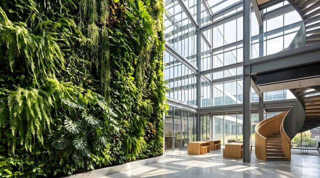 Large green living wall inside a modern sunlit office building lobby with glass windows and a wooden spiral staircase design