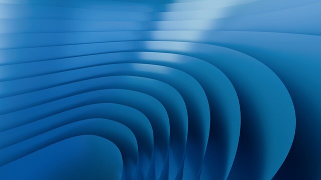 Abstract 3D render of blue curved layers creating a wave pattern with soft lighting and shadows